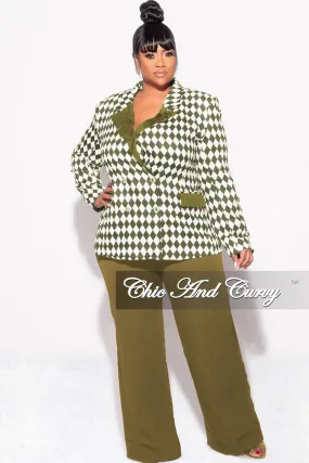 Final Sale Plus Size 2pc Pants Suit in Olive and White Diamond Print