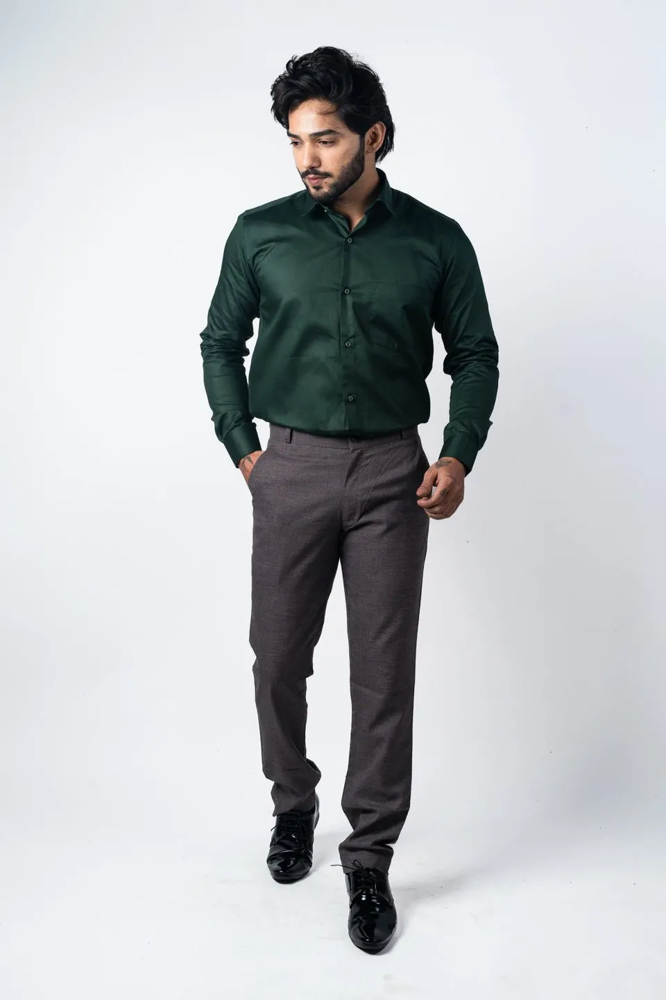 Forest Green Color Micro Checks Texture Satin Cotton Shirt For Men