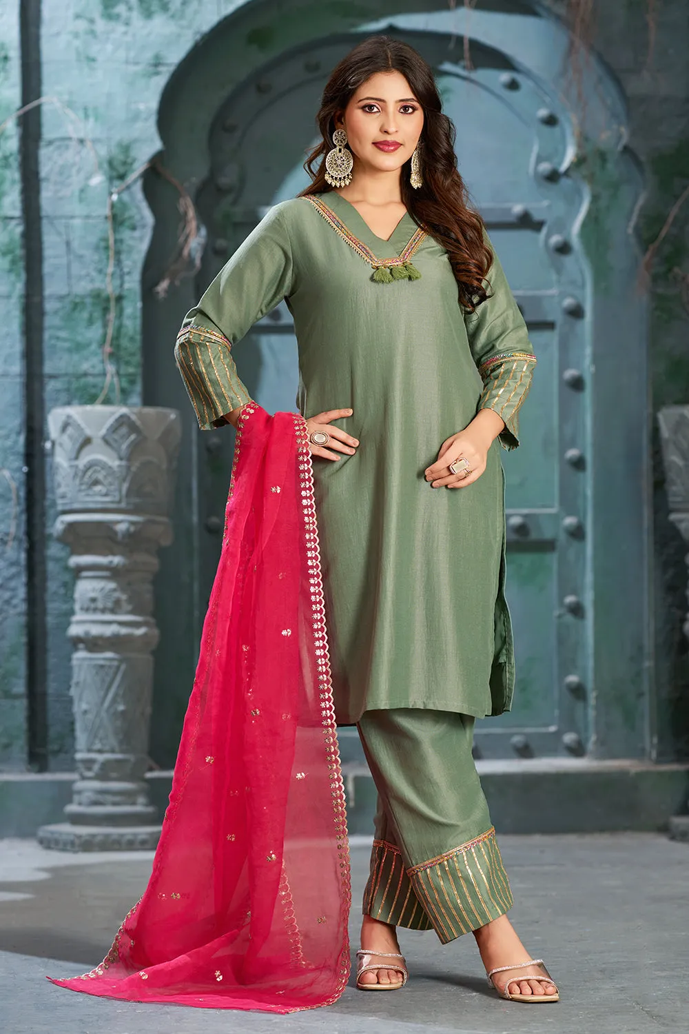 Frog Green Art Silk V-Neck Kurta Set with Trousers and Dupatta