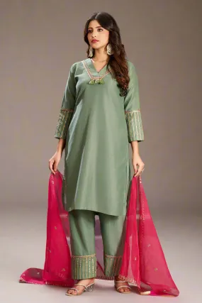 Frog Green Art Silk V-Neck Kurta Set with Trousers and Dupatta