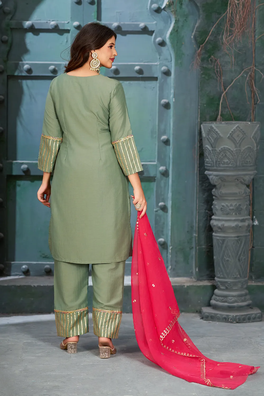 Frog Green Art Silk V-Neck Kurta Set with Trousers and Dupatta