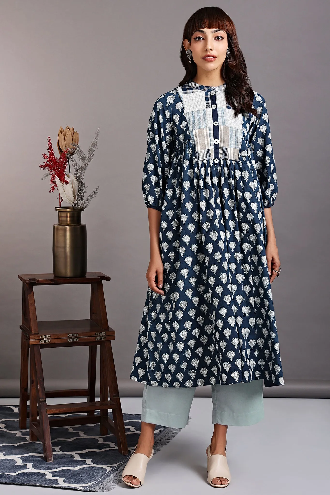 gather dress with yoke - indigo halo & tuberose garden