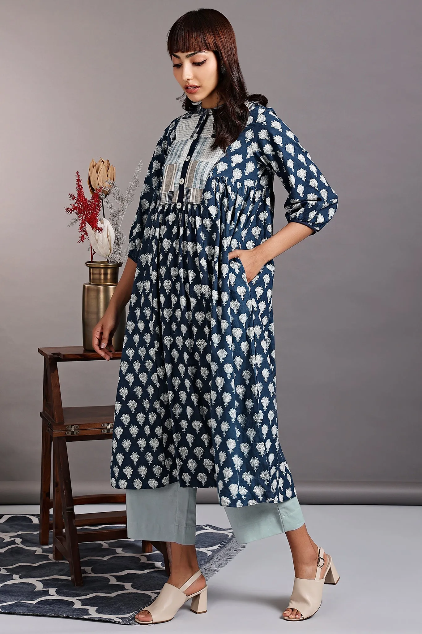 gather dress with yoke - indigo halo & tuberose garden