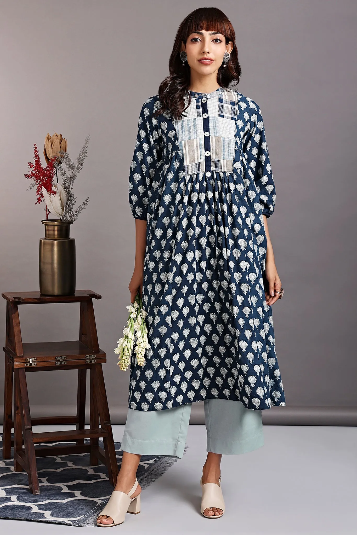 gather dress with yoke - indigo halo & tuberose garden