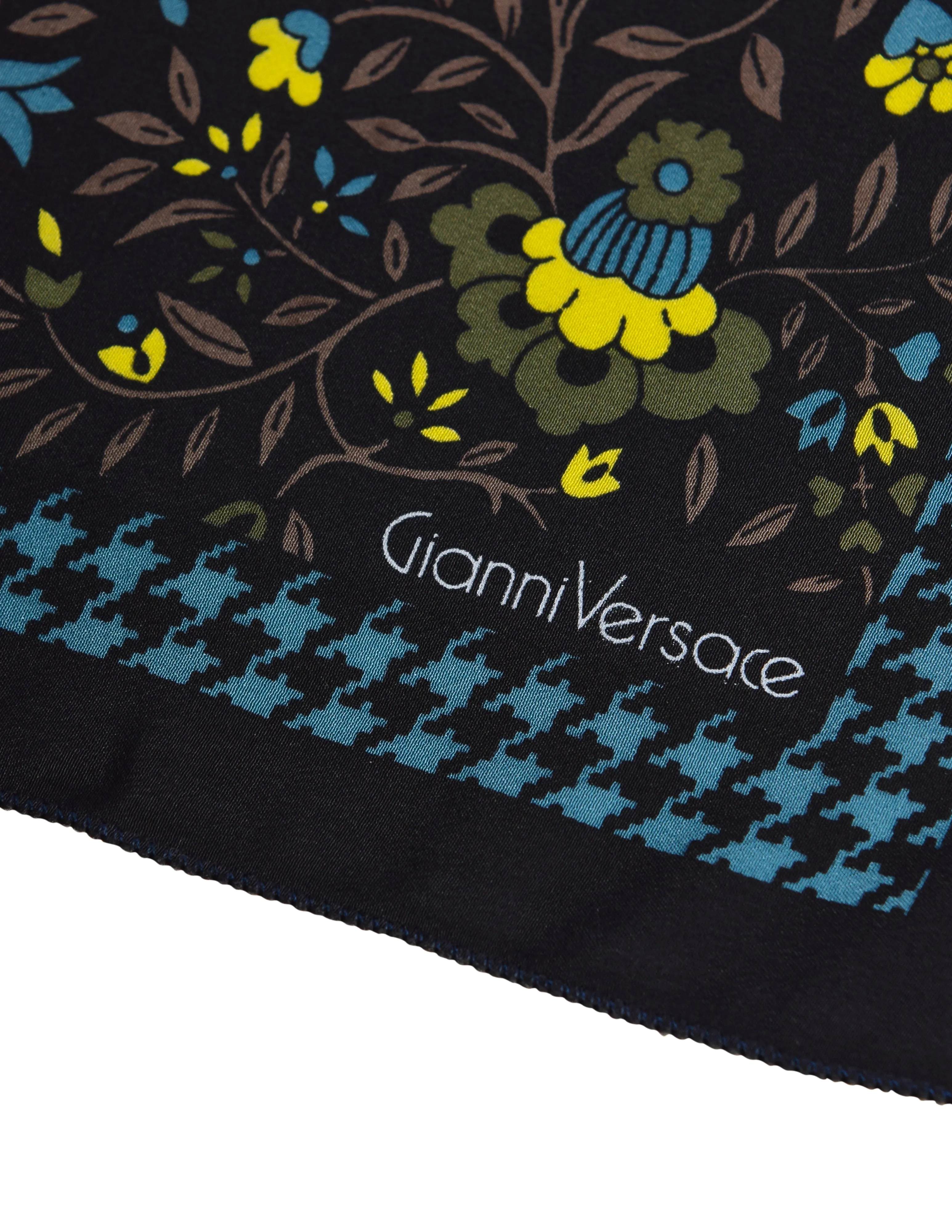 Gianni Versace Vintage Houndstooth Floral Silk Pocket Square Scarf