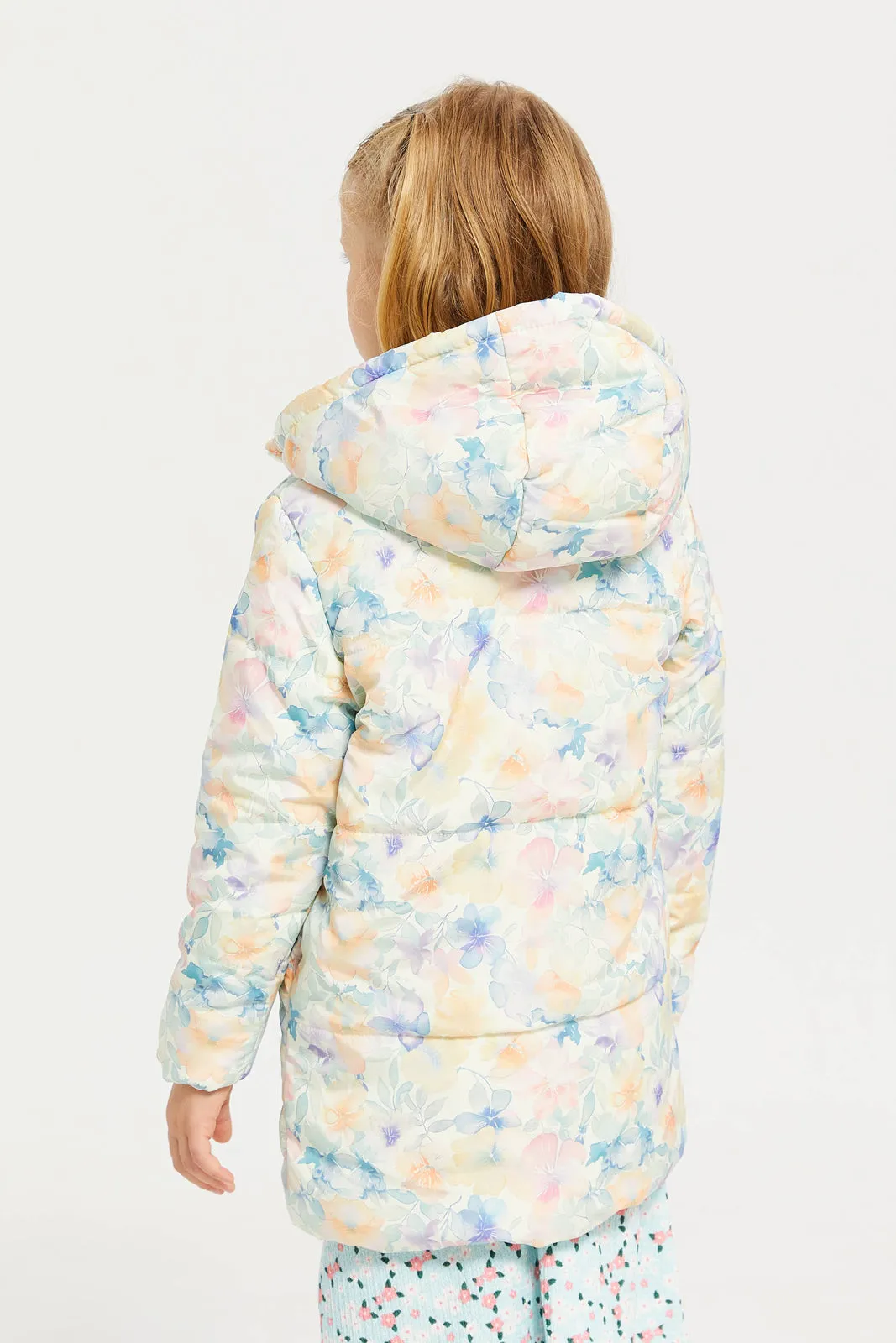 Girl White Floral Long Line Jacket With Hood