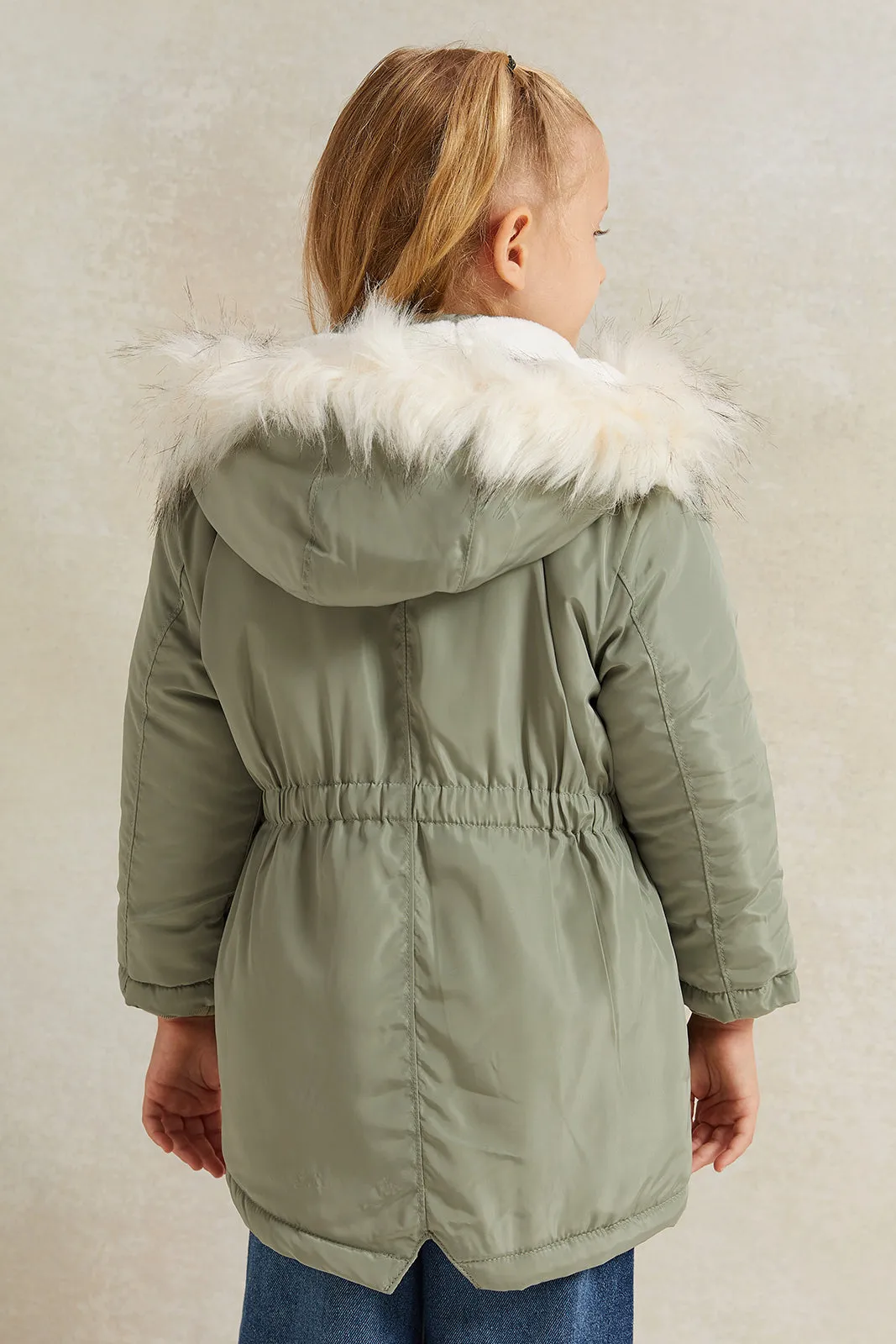 Girls Green Long Jacket Sherpa Hooded