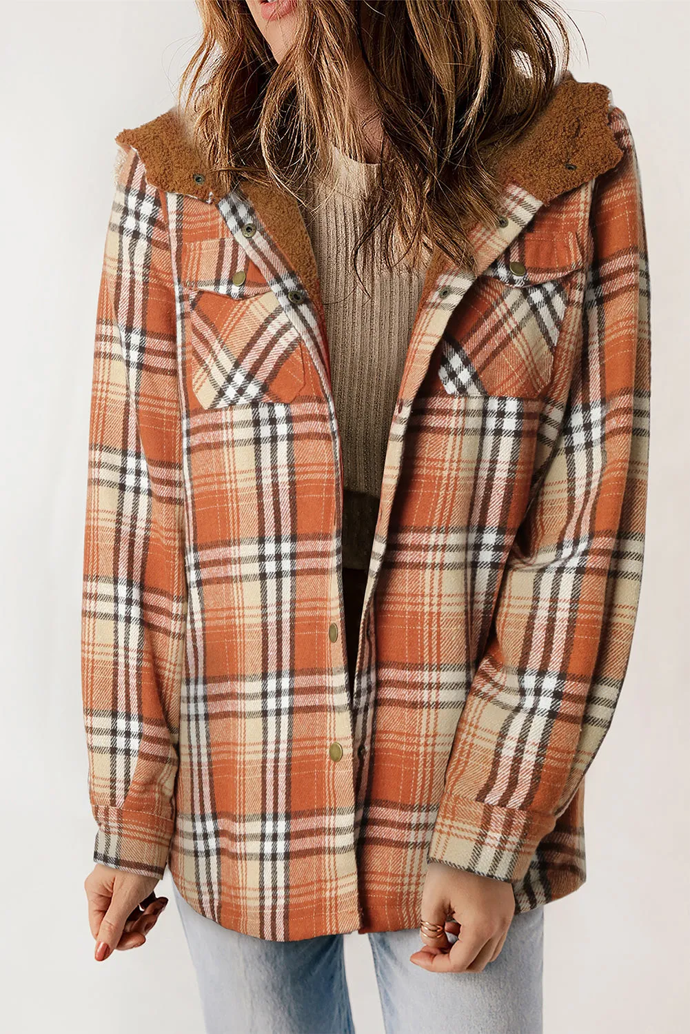 Gray Plaid Pattern Sherpa Lined Hooded Shacket