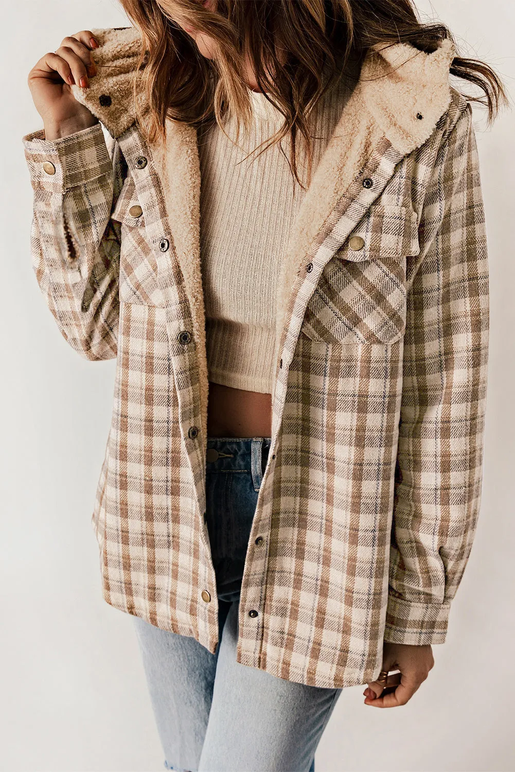 Gray Plaid Pattern Sherpa Lined Hooded Shacket