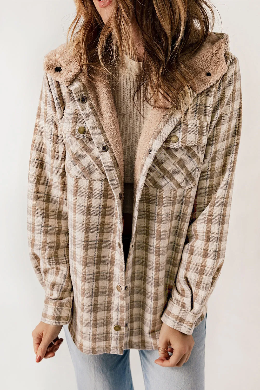 Gray Plaid Pattern Sherpa Lined Hooded Shacket