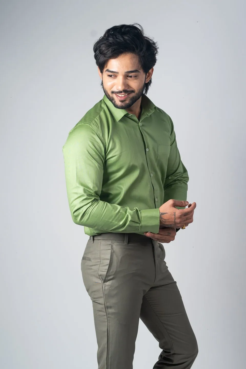 Green Color Micro Checks Texture Satin Cotton Shirt For Men