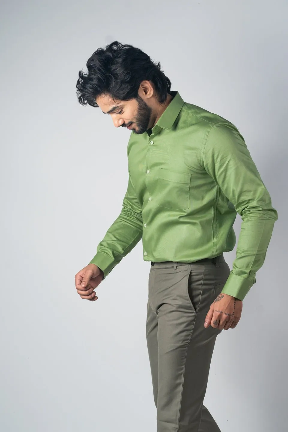 Green Color Micro Checks Texture Satin Cotton Shirt For Men