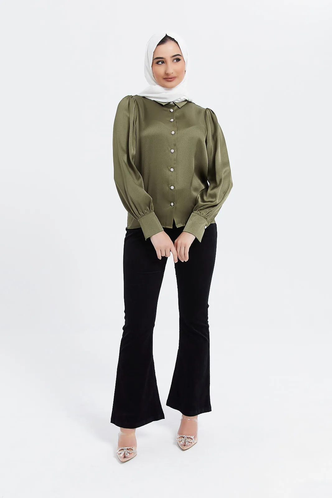 Green Satin Shirt With Embellished Buttons