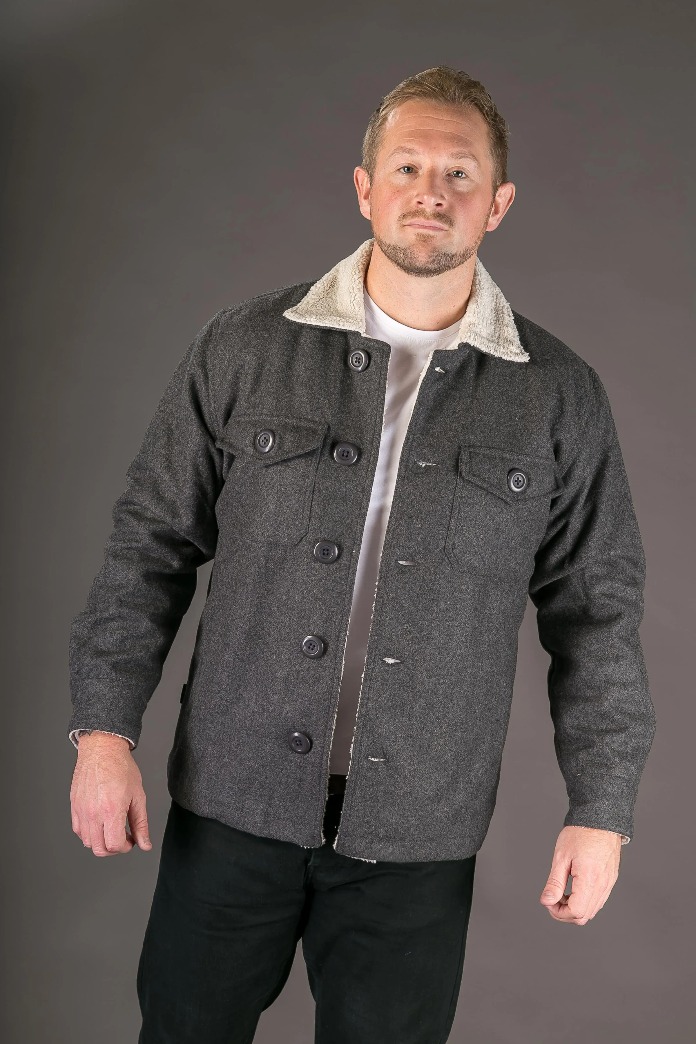 Grey Wool Mens Winter Jacket Shearling Lining