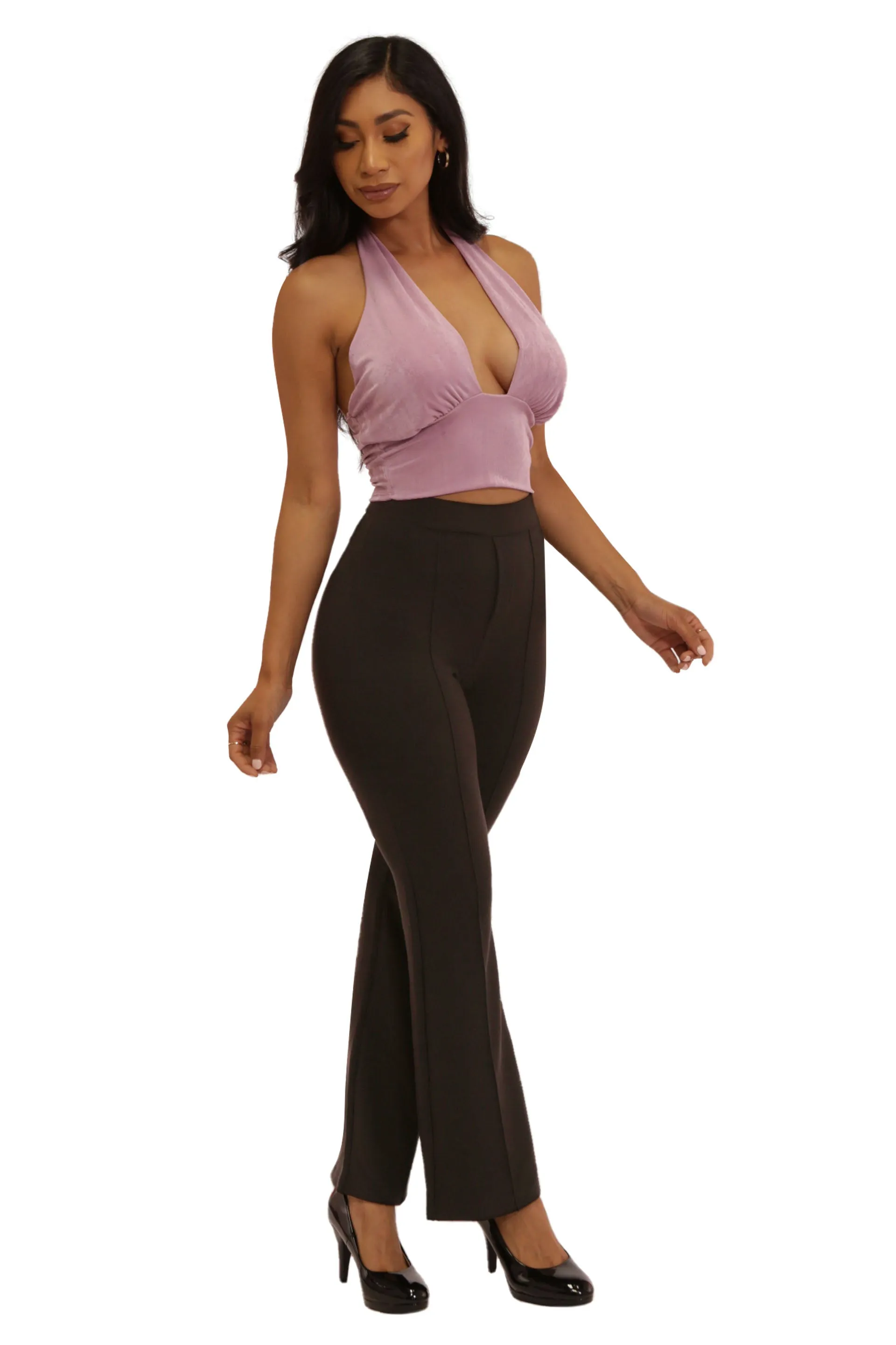 High Waist Flare Pants With Front Seam Detail - Black