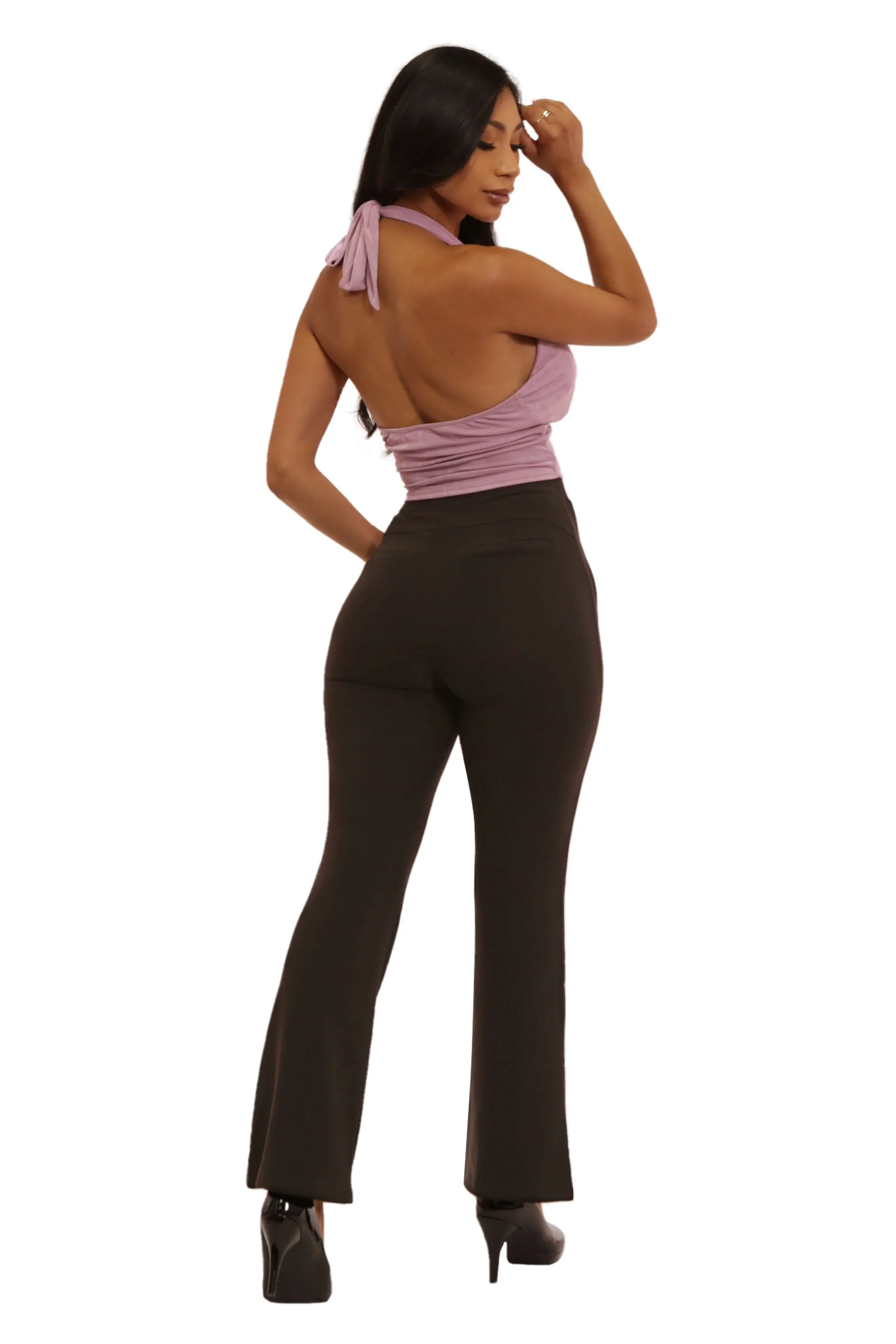 High Waist Flare Pants With Front Seam Detail - Black