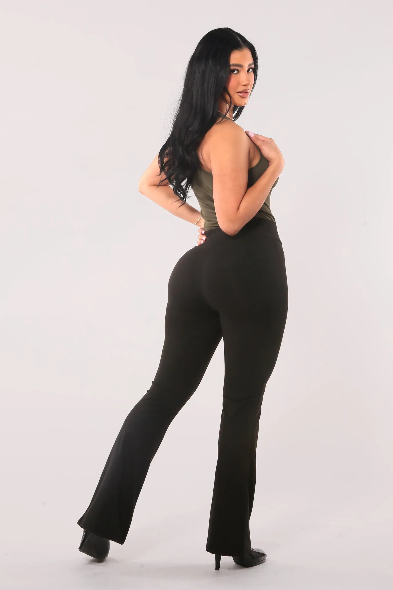 High Waist Soft Brushed Flare Pants With Drawstrings - Black