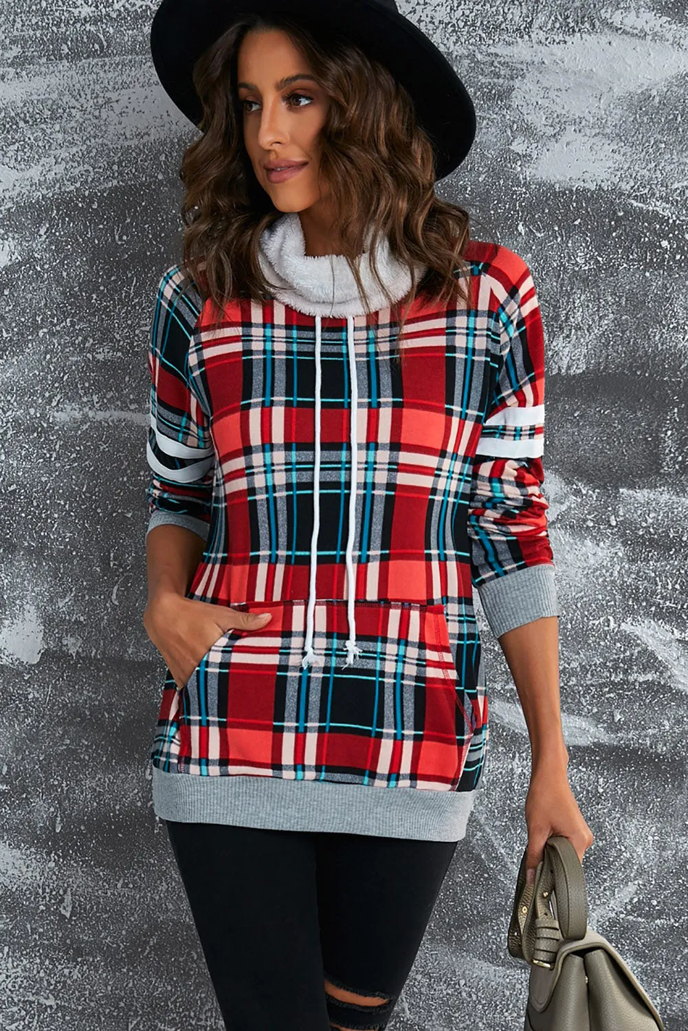 Hoodies for Women Buffalo Plaid Print Sherpa Patchwork High Neck Drawstring Sweatshirt