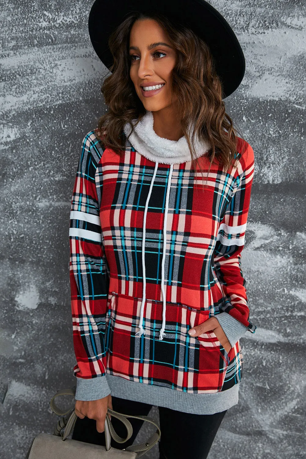 Hoodies for Women Buffalo Plaid Print Sherpa Patchwork High Neck Drawstring Sweatshirt