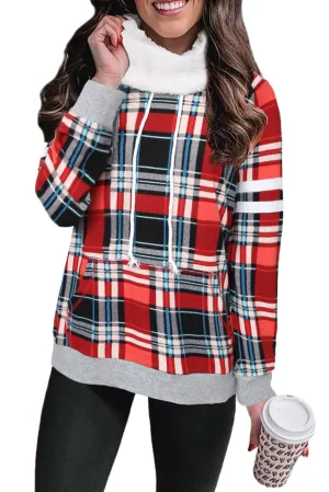 Hoodies for Women Buffalo Plaid Print Sherpa Patchwork High Neck Drawstring Sweatshirt