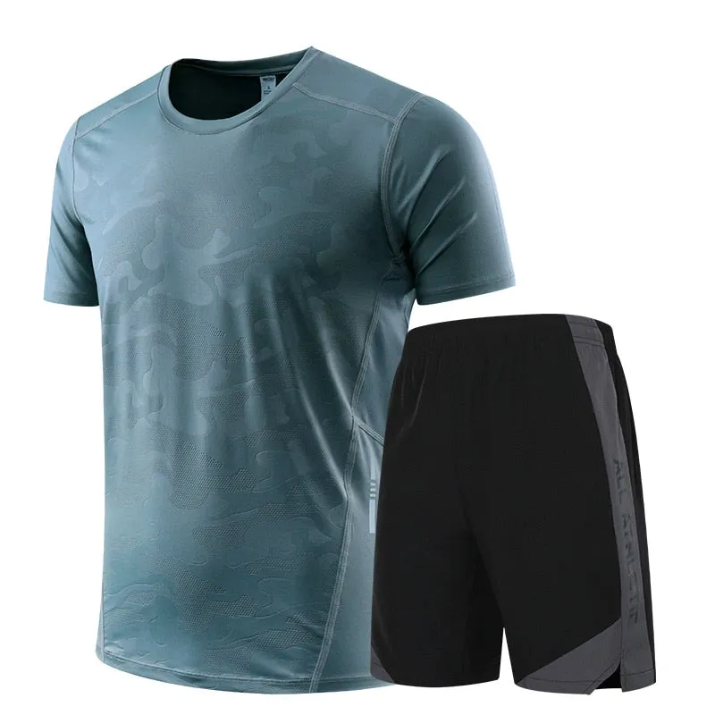 Icy-Cool Running Sets Men Sports Clothes Youth Ice Silk Breathable Fitness Tee Shirts Kits Soccer Set Male Gym T Shirt Shorts