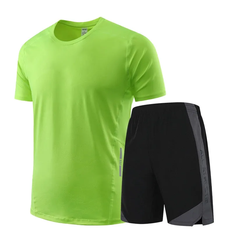 Icy-Cool Running Sets Men Sports Clothes Youth Ice Silk Breathable Fitness Tee Shirts Kits Soccer Set Male Gym T Shirt Shorts