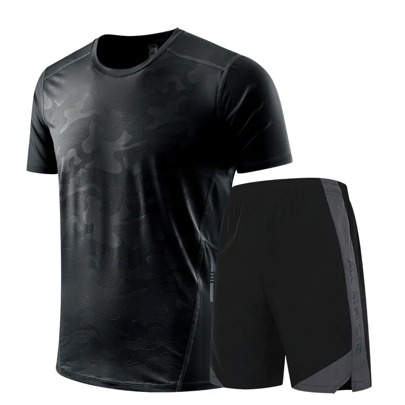 Icy-Cool Running Sets Men Sports Clothes Youth Ice Silk Breathable Fitness Tee Shirts Kits Soccer Set Male Gym T Shirt Shorts