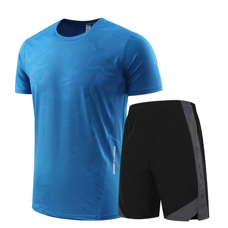 Icy-Cool Running Sets Men Sports Clothes Youth Ice Silk Breathable Fitness Tee Shirts Kits Soccer Set Male Gym T Shirt Shorts