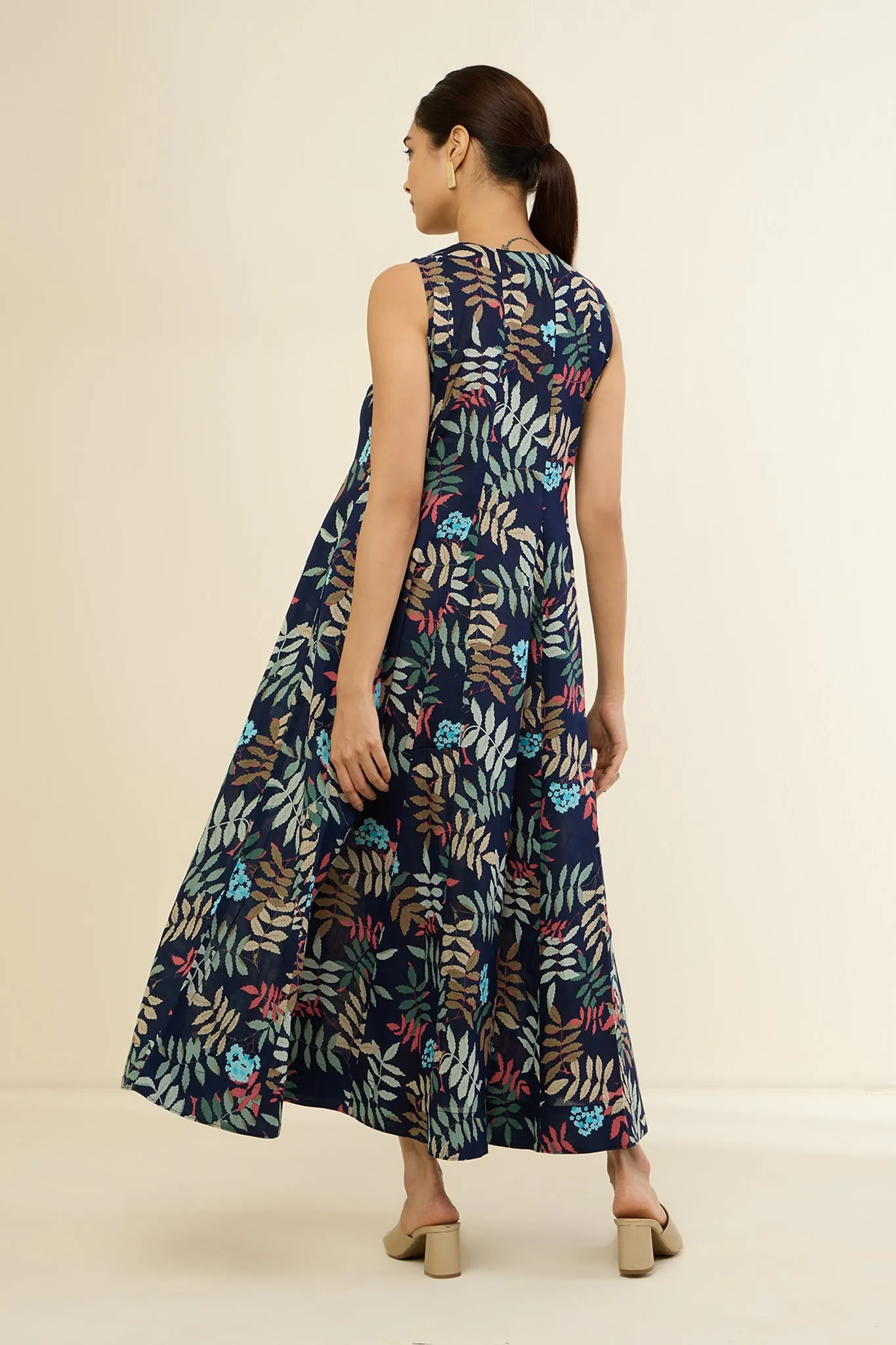 Indigo and Colorful Foliage Long Sleeveless Dress