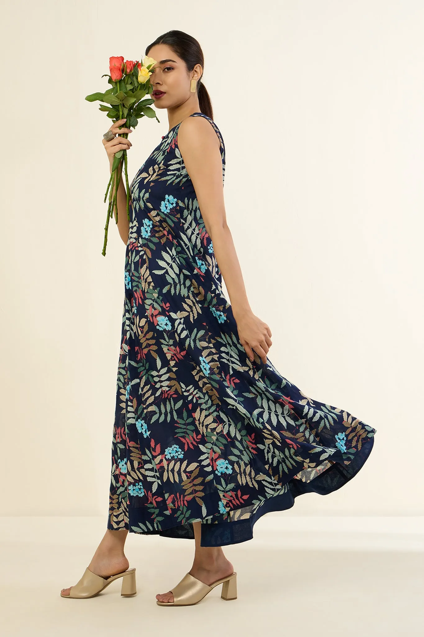 Indigo and Colorful Foliage Long Sleeveless Dress