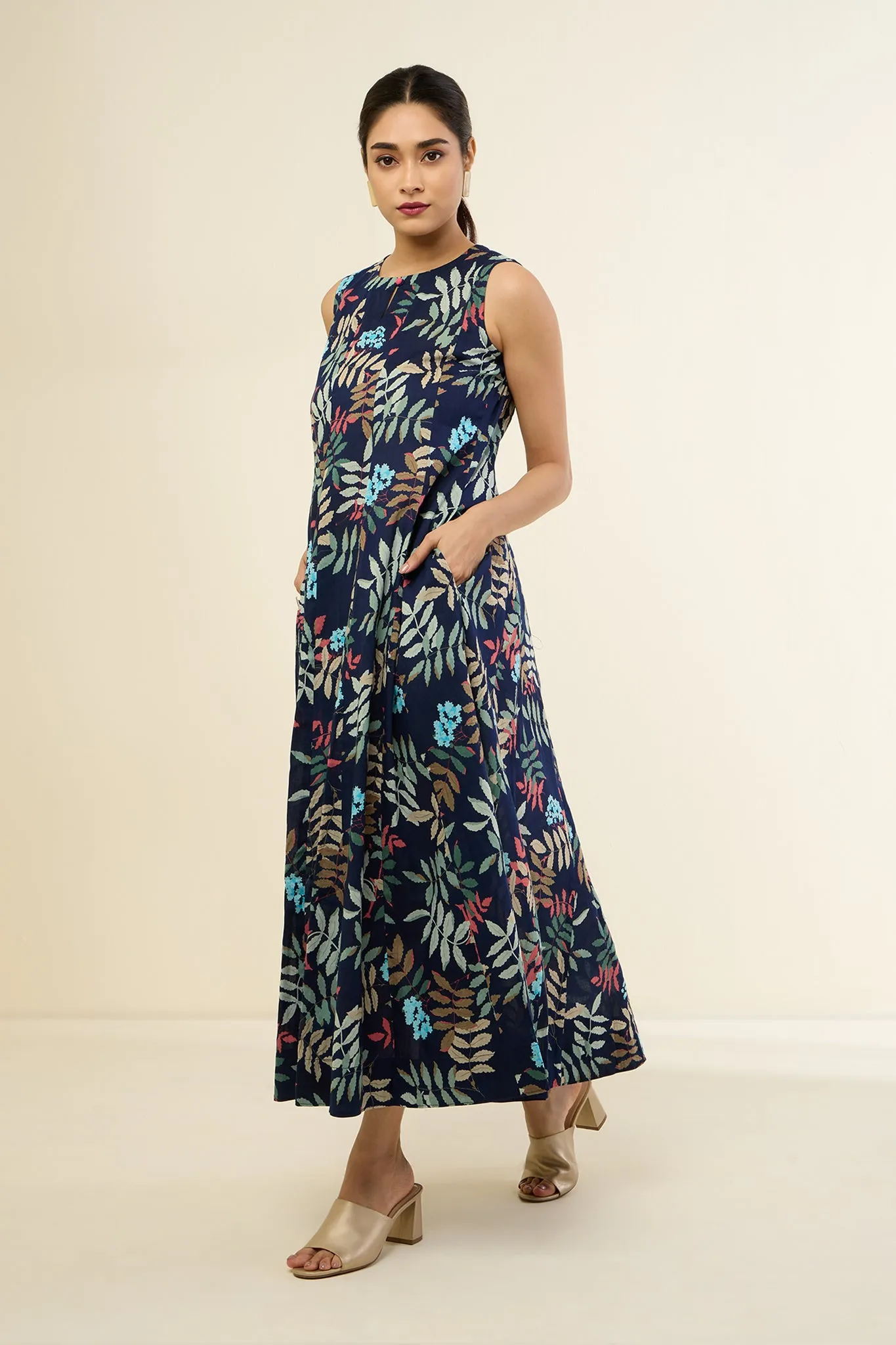 Indigo and Colorful Foliage Long Sleeveless Dress