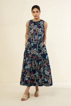 Indigo and Colorful Foliage Long Sleeveless Dress