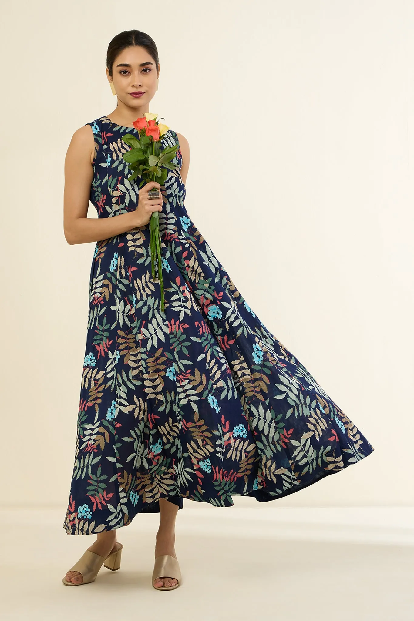 Indigo and Colorful Foliage Long Sleeveless Dress