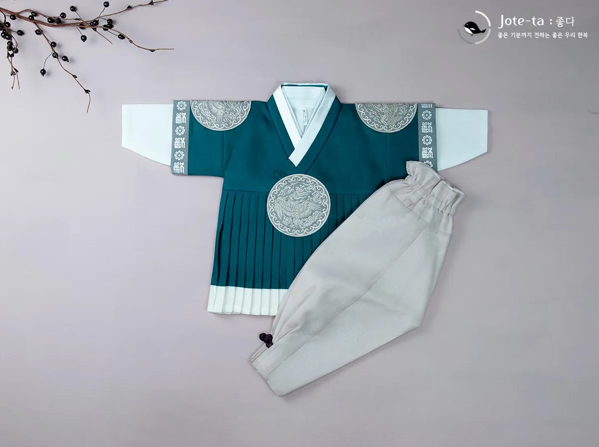 Indigo Blue Phoenix Embroidery Baby Boy Hanbok