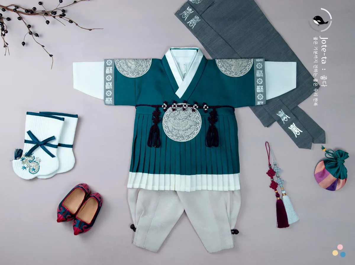 Indigo Blue Phoenix Embroidery Baby Boy Hanbok