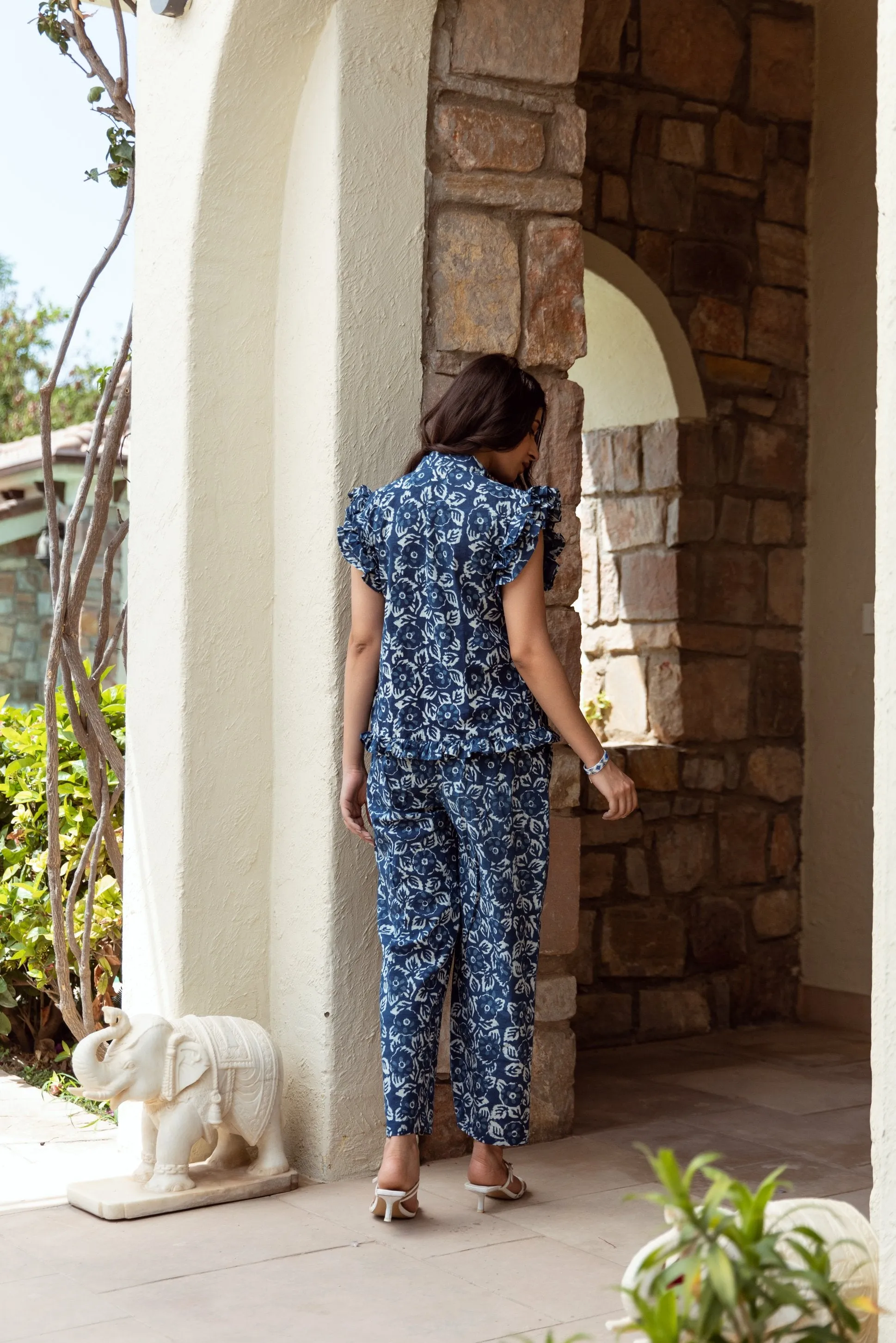 indigo-colored cotton floral print co-ord set