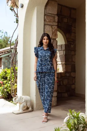 indigo-colored cotton floral print co-ord set