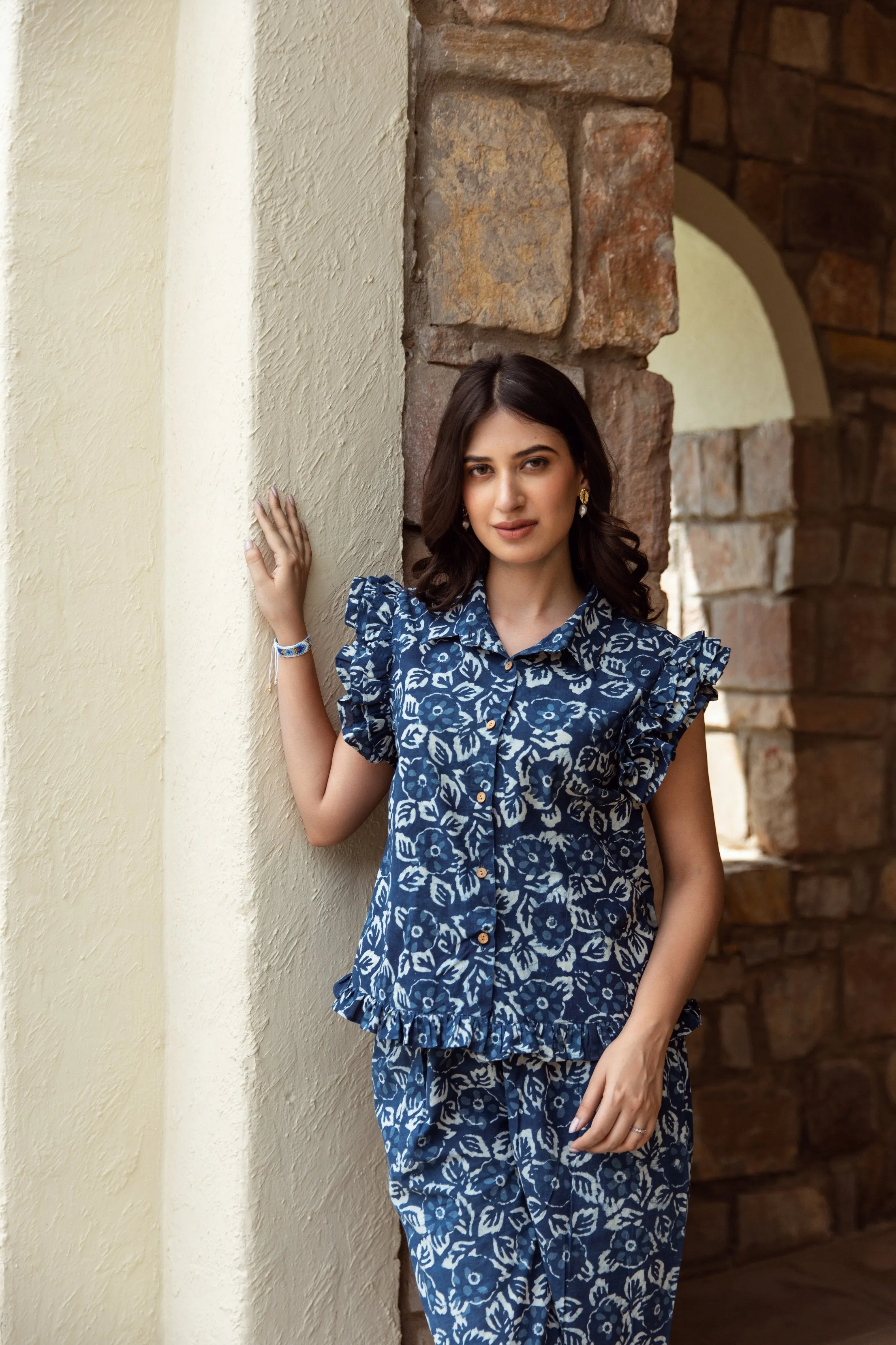 indigo-colored cotton floral print co-ord set