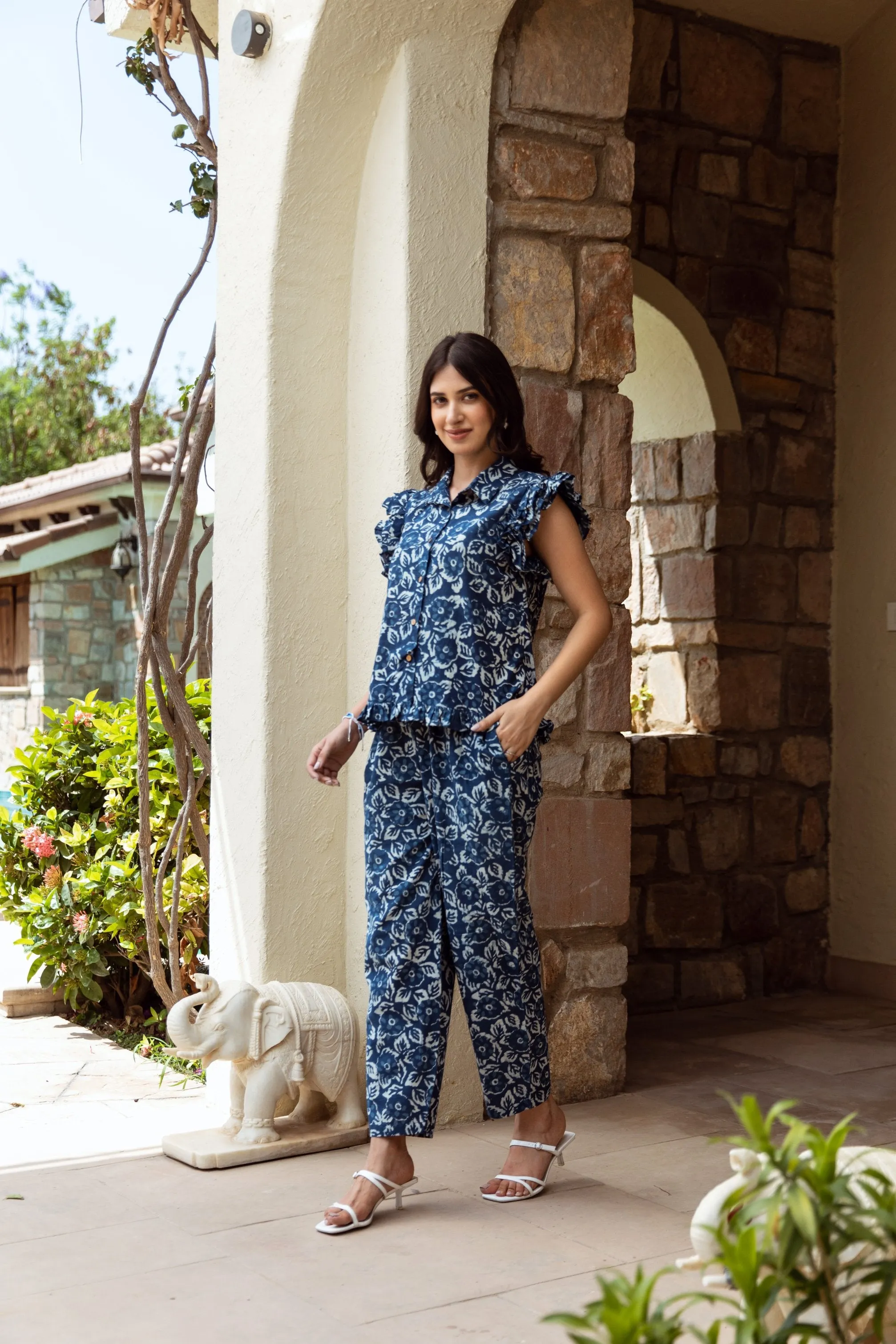 indigo-colored cotton floral print co-ord set