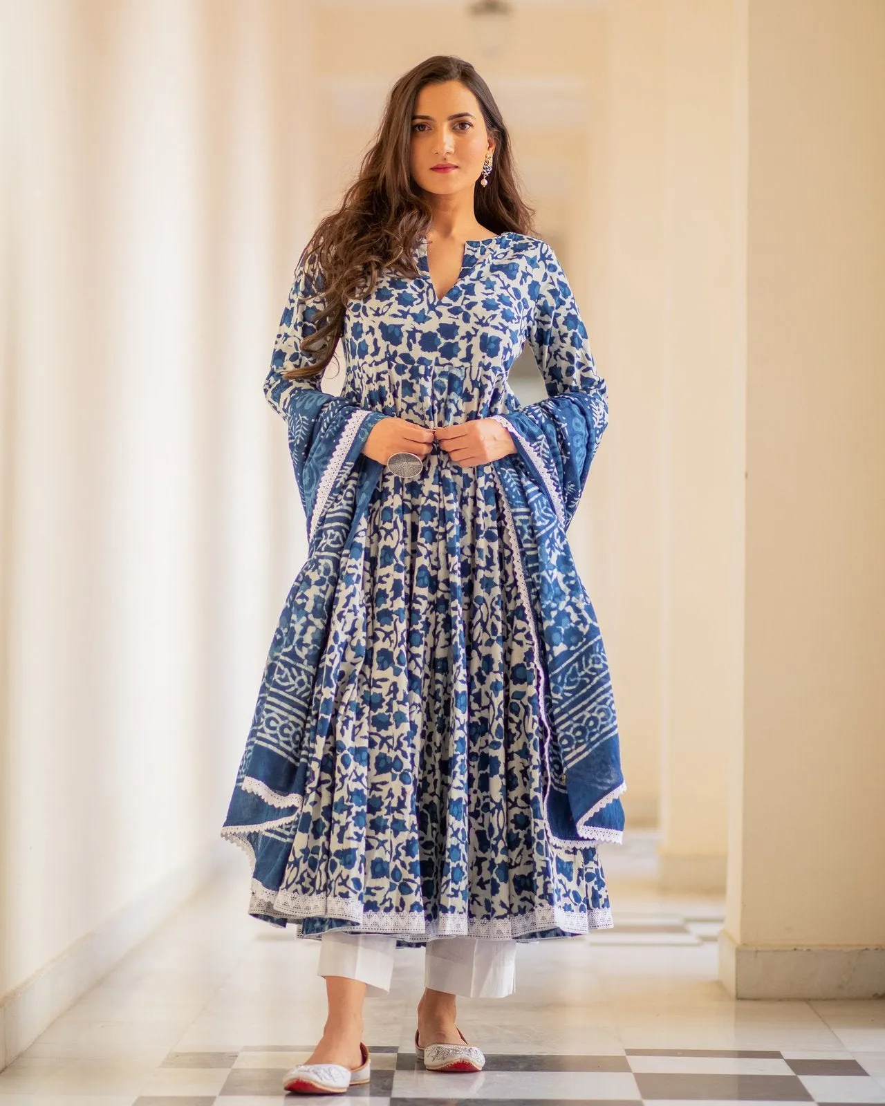 Indigo Dabu Print Cotton Dress Set