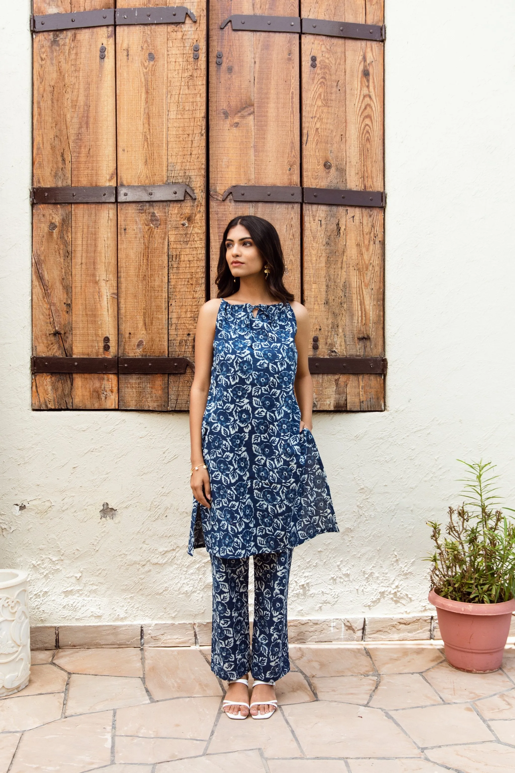 Indigo floral jaal print handblock cotton co-ord set