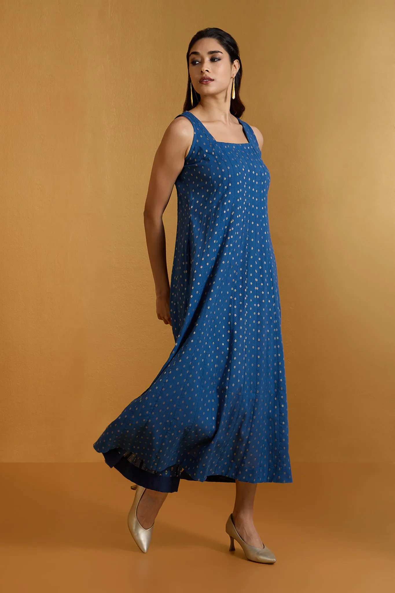 Indigo Gleam Cascading Panels Princess Cut Long Dress