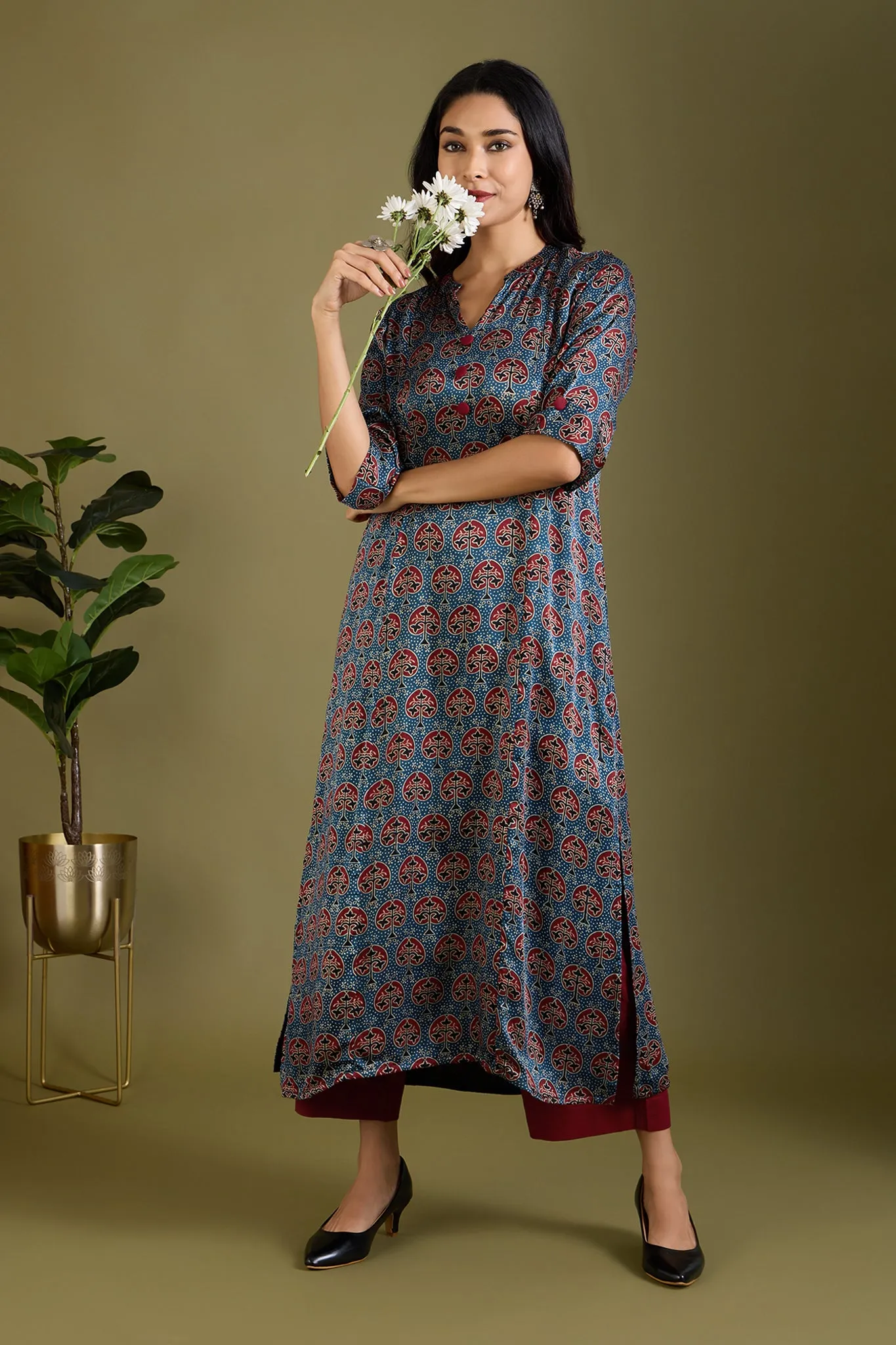 Indigo Orchard Luxe Ajrakh Long Yoke Modal Silk Panel Kurta