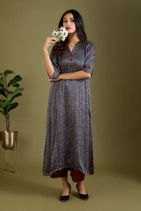 Indigo Orchard Luxe Ajrakh Long Yoke Modal Silk Panel Kurta