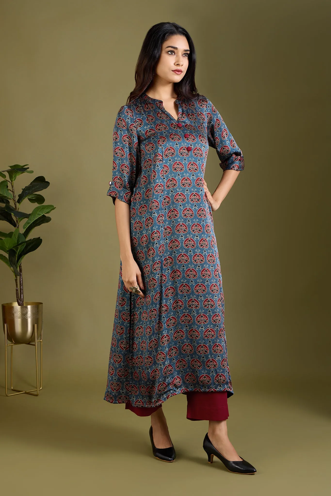 Indigo Orchard Luxe Ajrakh Long Yoke Modal Silk Panel Kurta