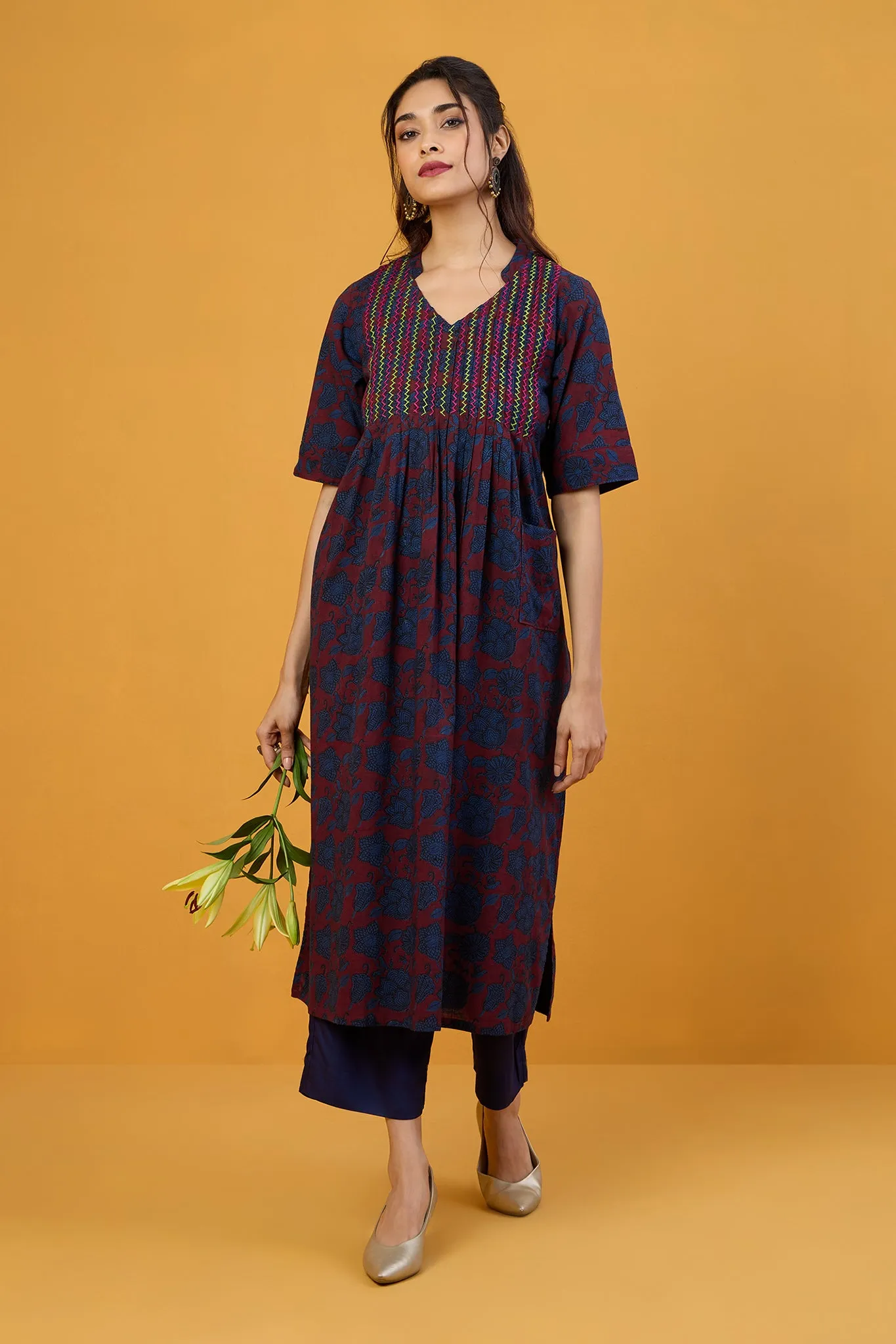 Indigo Roses Stand Collar Pintuck Kurta