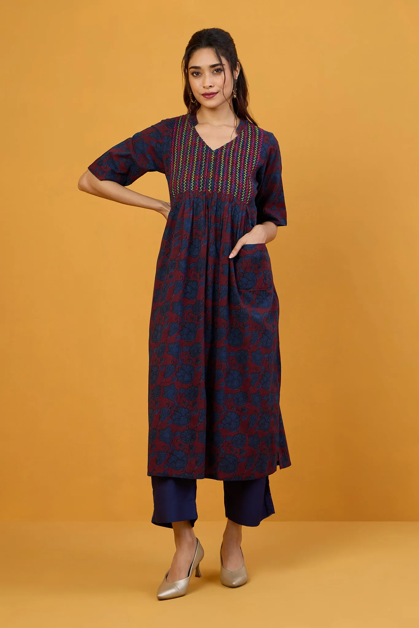 Indigo Roses Stand Collar Pintuck Kurta