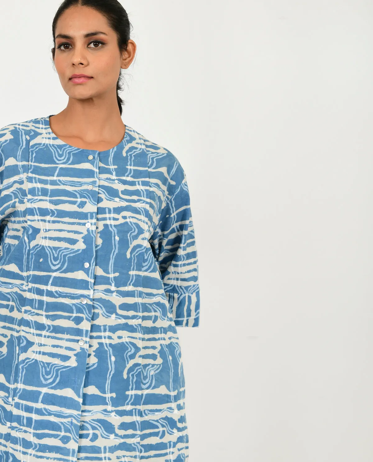 INDIGO SPLASH BUTTONED  DRESS