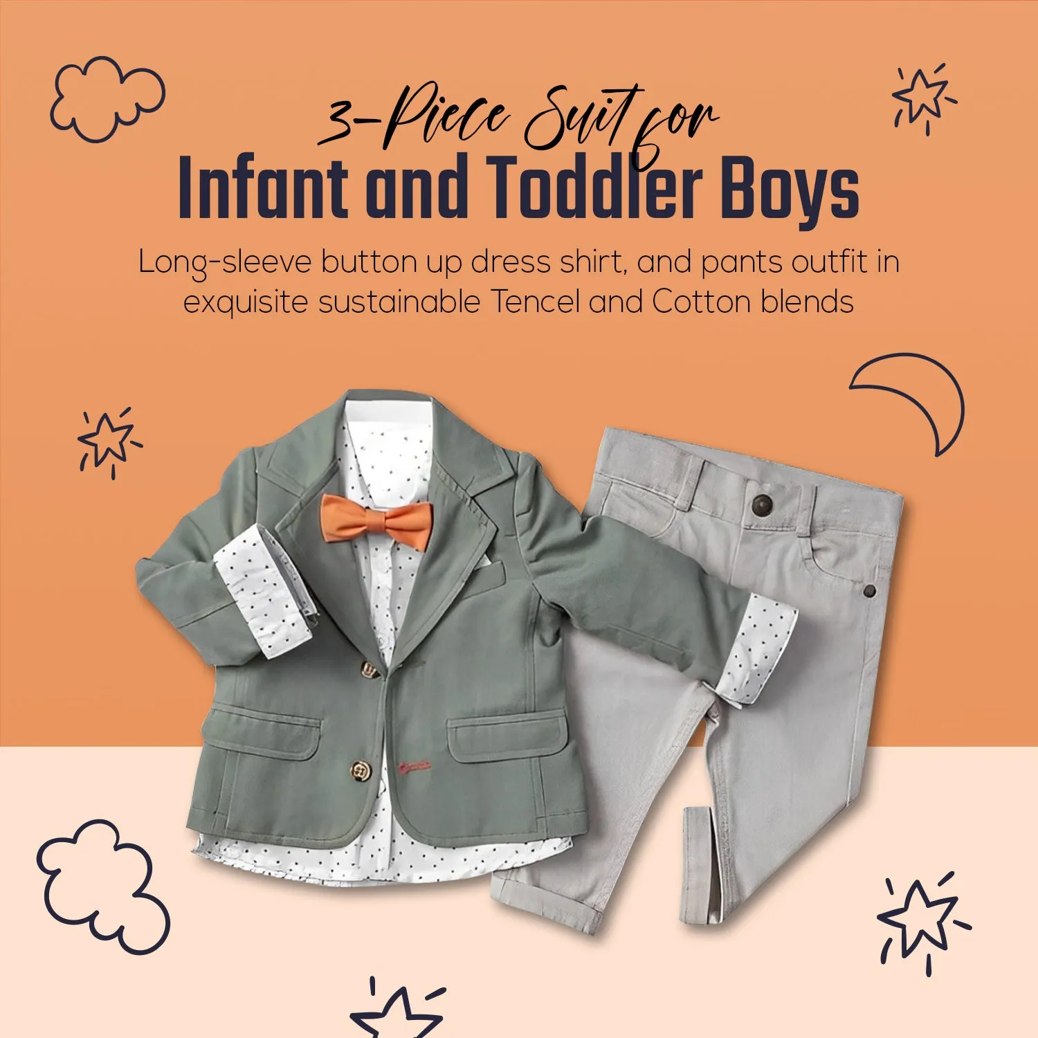 Infant and Toddler Boy's 3-Piece Suit with Fully LIned Jacket, Pants and Button Up Shirt