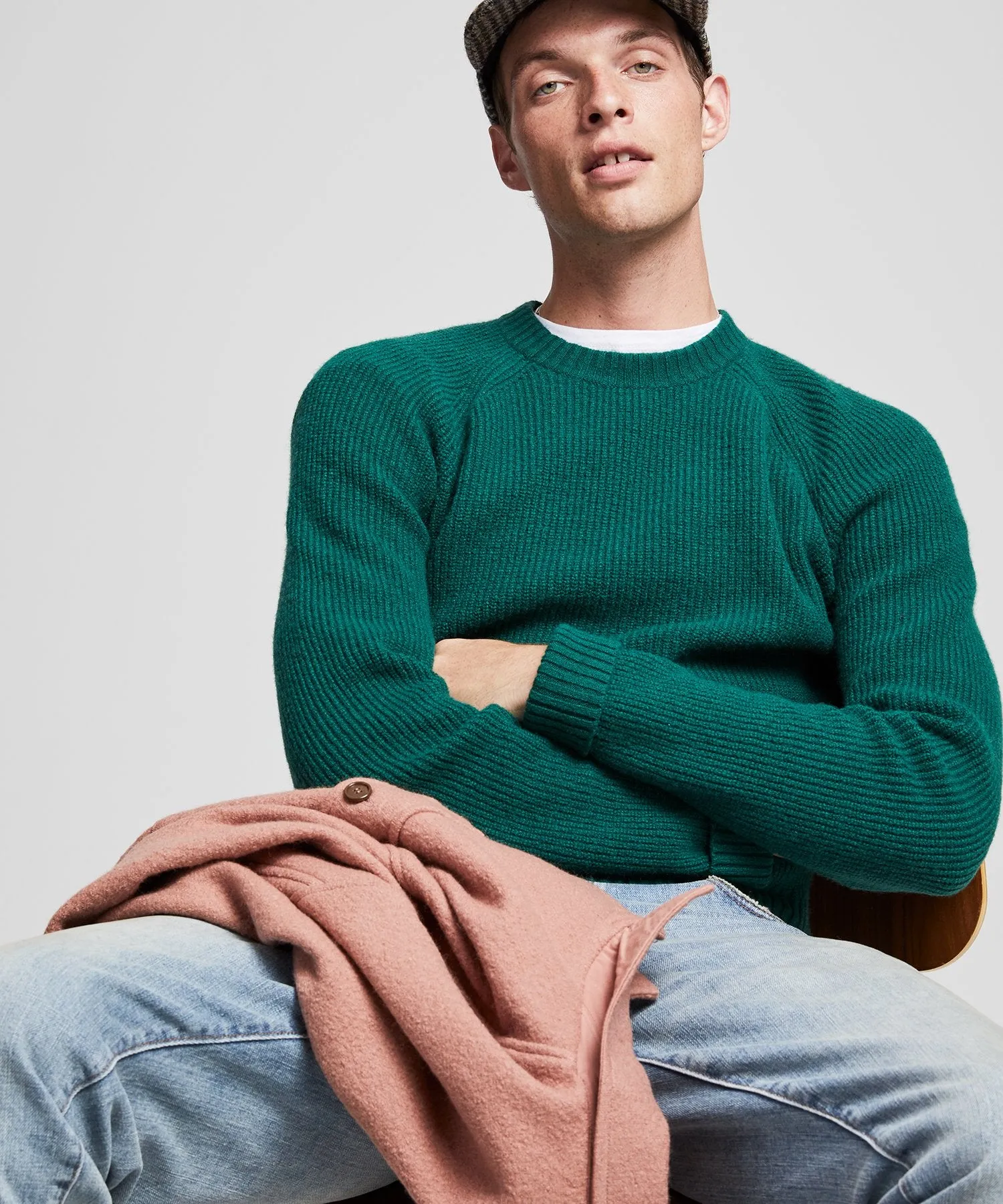 Italian Ribbed Raglan Crew in Hunter Green